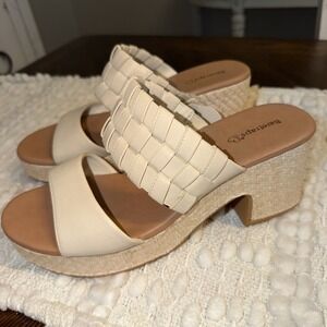 New Bear Traps Sandals 10M Ivory Leather Slide Platform Sandals Coastal Boho